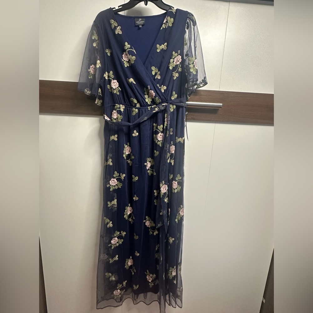 Adrianna Papell Navy Dress with Pink Floral Embroidery - Picture 2 of 6